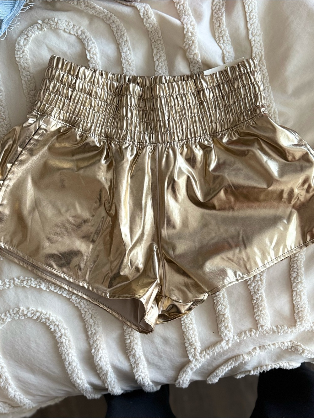aerie Gold Metallic Smocked High-Waist Athletic Shorts